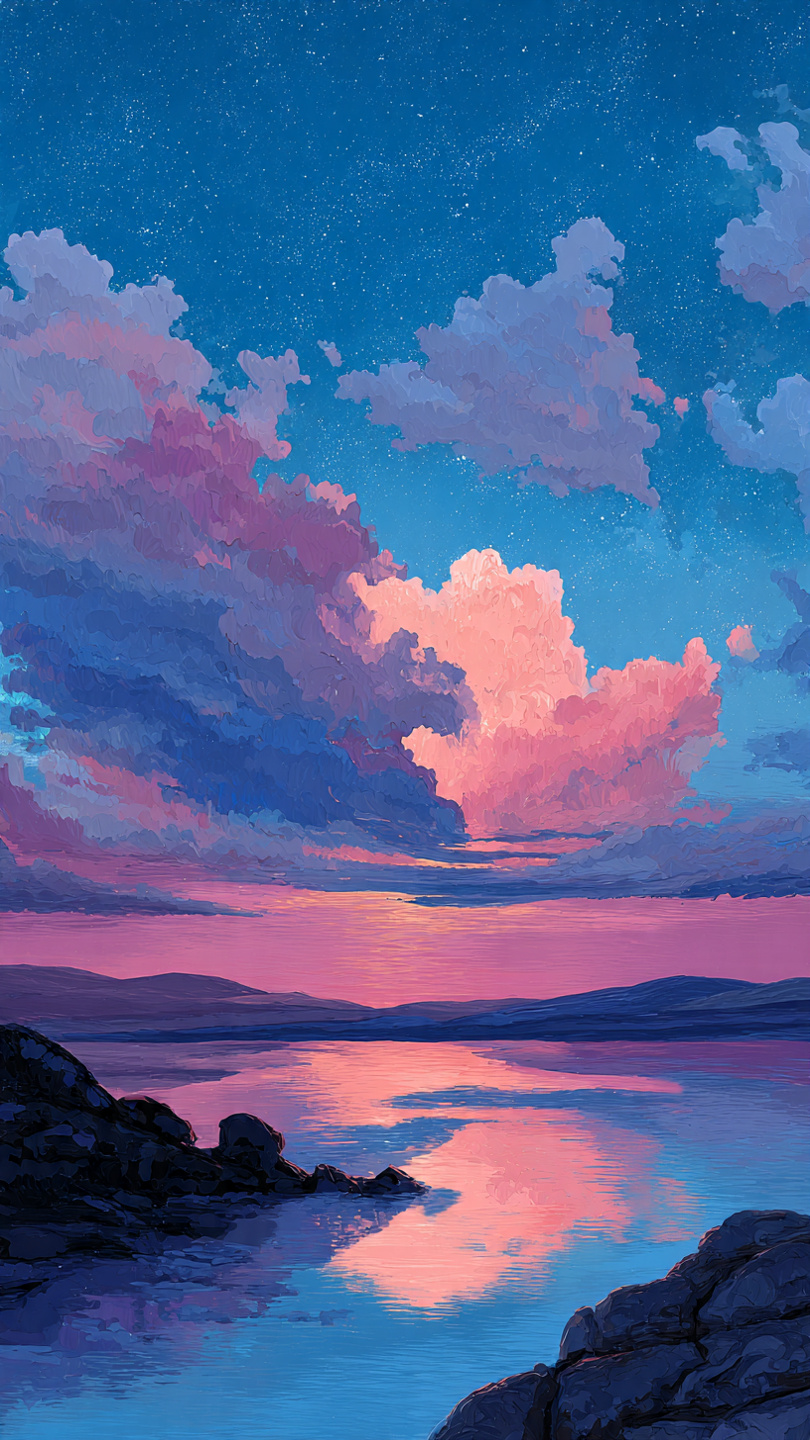 Illustrated lakeside landscape at sunset